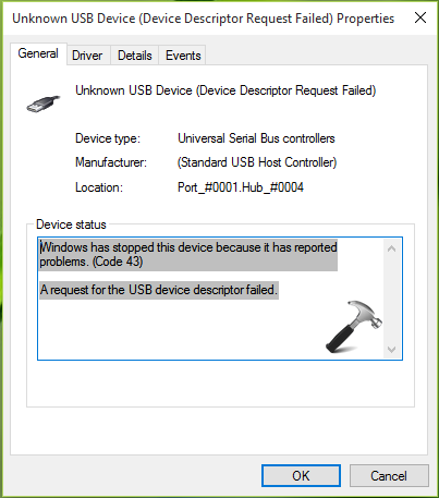 what is device descriptor request failed